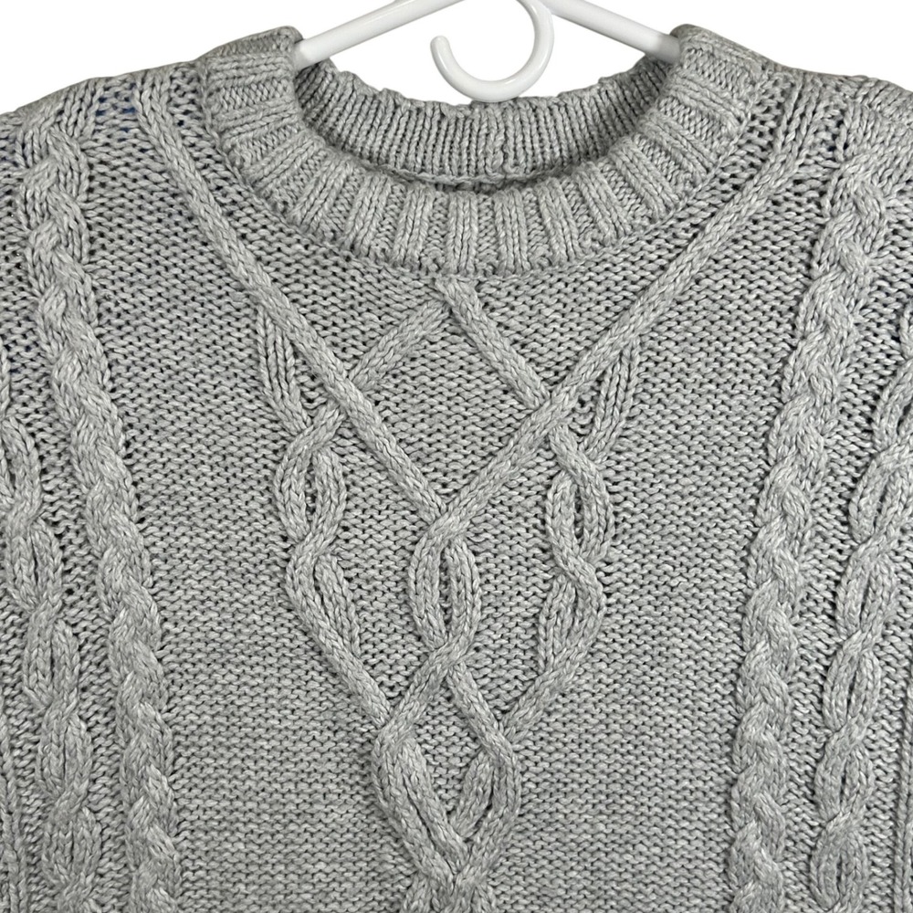 Aerie Womens Cable Knit Crewneck Sweater Light Gray Marl Size M Chunky Cotton